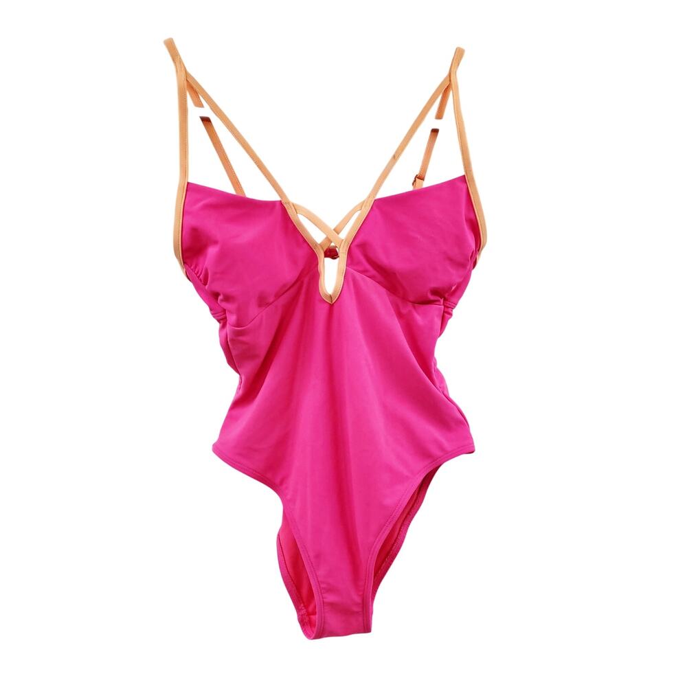 No Boundaries Women's Size S Orange Hot Pink V-neck Cutouts One-piece Swimsuit